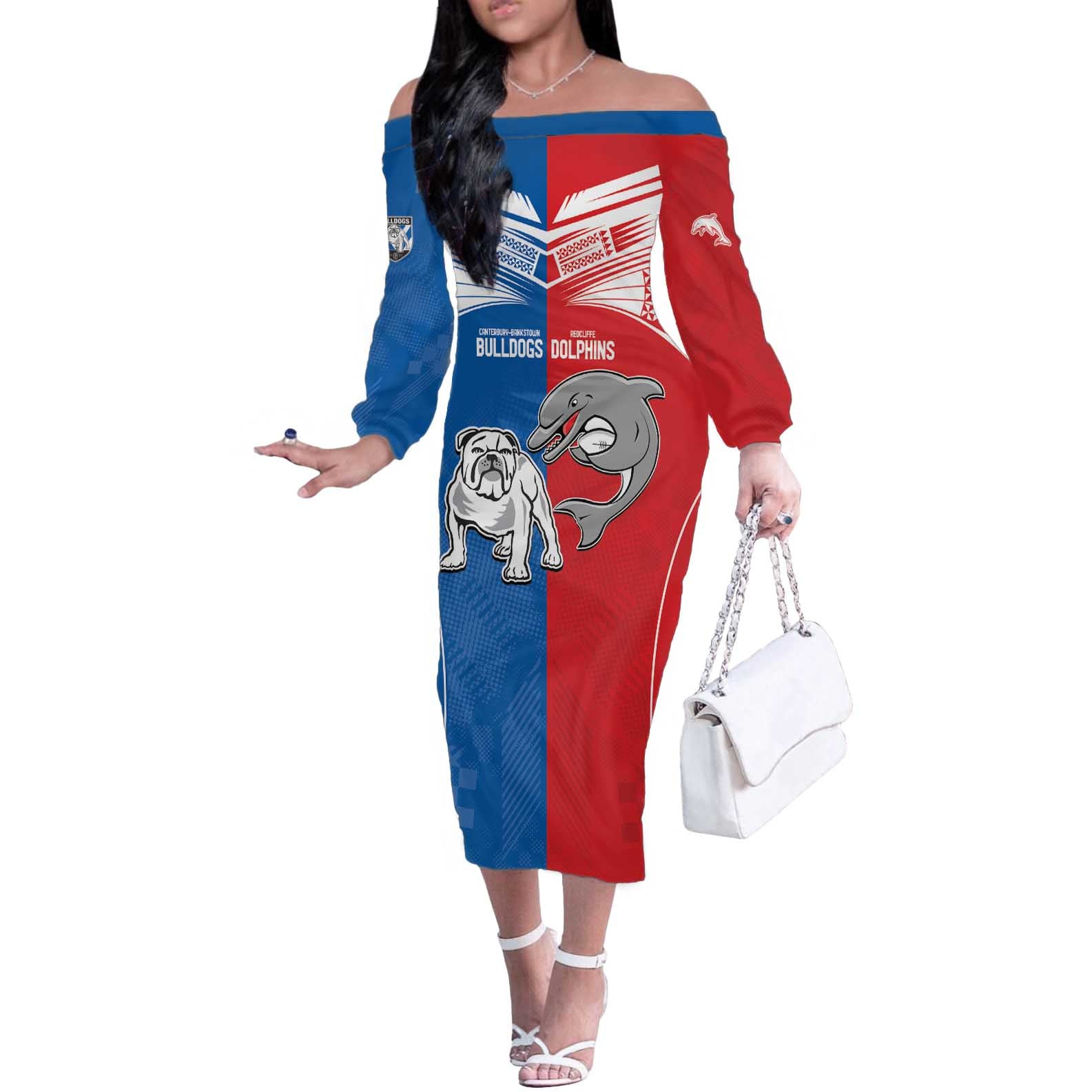 NRL Bulldogs and Dolphins Off The Shoulder Long Sleeve Dress Sporty Style
