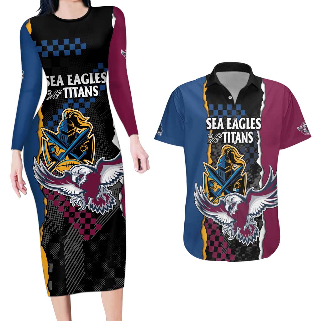 Titans and Manly Eagle Couples Matching Long Sleeve Bodycon Dress and Hawaiian Shirt Rugby Together Sporty Style