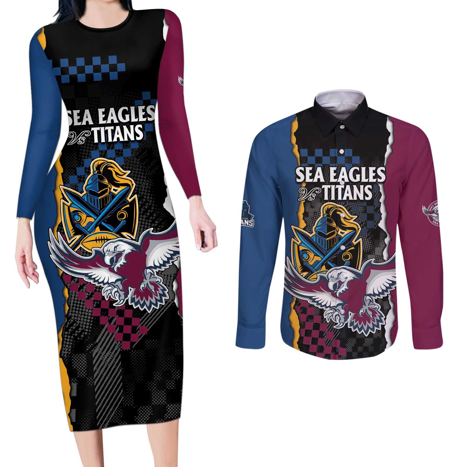 Titans and Manly Eagle Couples Matching Long Sleeve Bodycon Dress and Long Sleeve Button Shirt Rugby Together Sporty Style