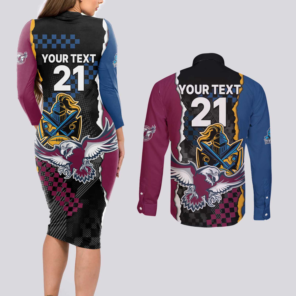 Titans and Manly Eagle Couples Matching Long Sleeve Bodycon Dress and Long Sleeve Button Shirt Rugby Together Sporty Style