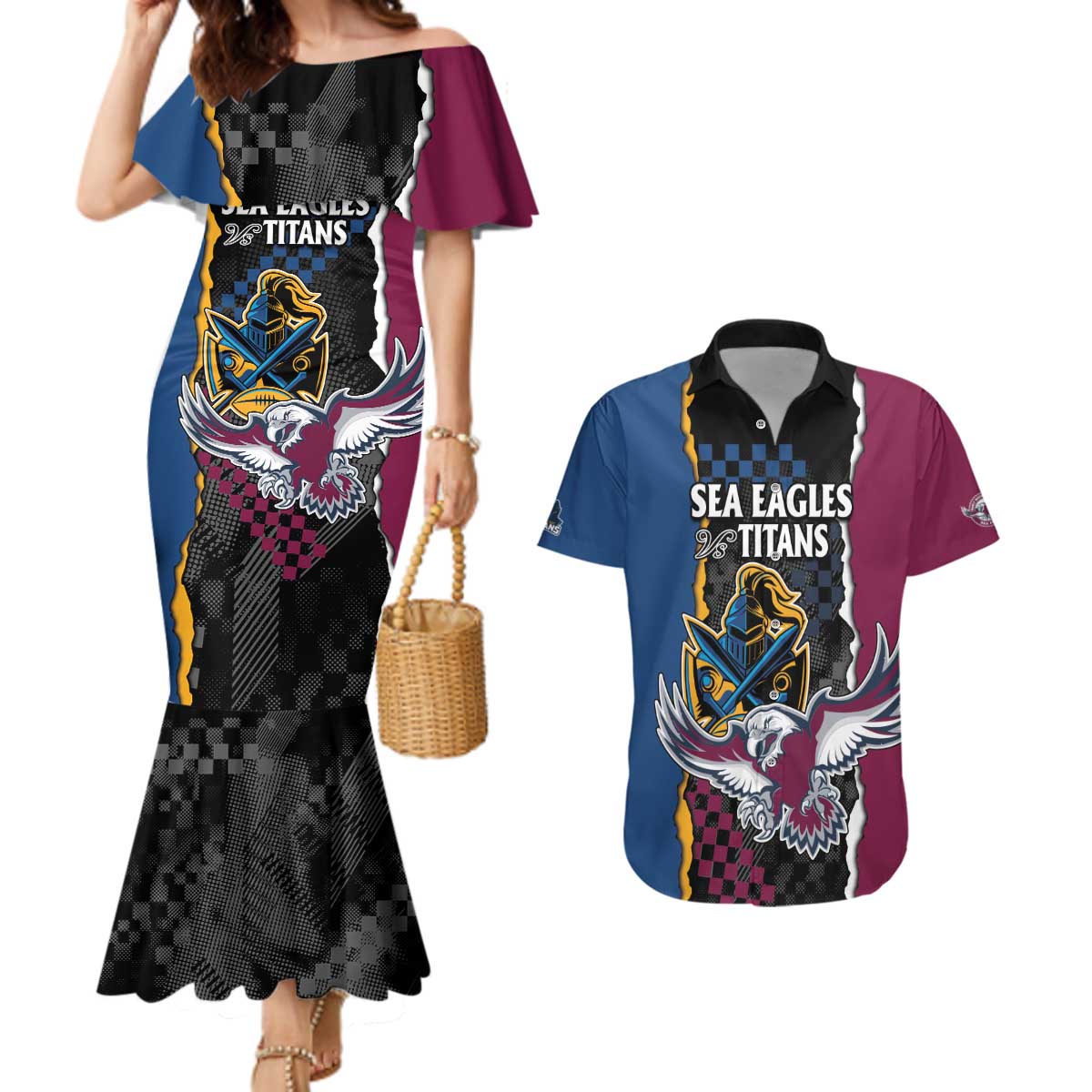 Titans and Manly Eagle Couples Matching Mermaid Dress and Hawaiian Shirt Rugby Together Sporty Style