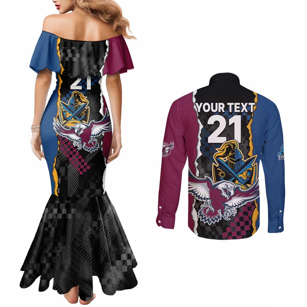 Titans and Manly Eagle Couples Matching Mermaid Dress and Long Sleeve Button Shirt Rugby Together Sporty Style