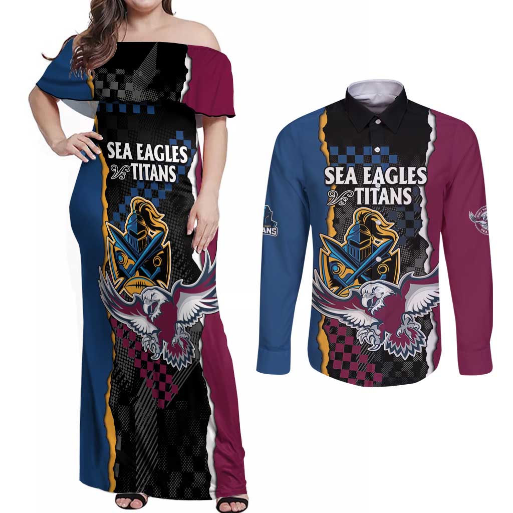 Titans and Manly Eagle Couples Matching Off Shoulder Maxi Dress and Long Sleeve Button Shirt Rugby Together Sporty Style