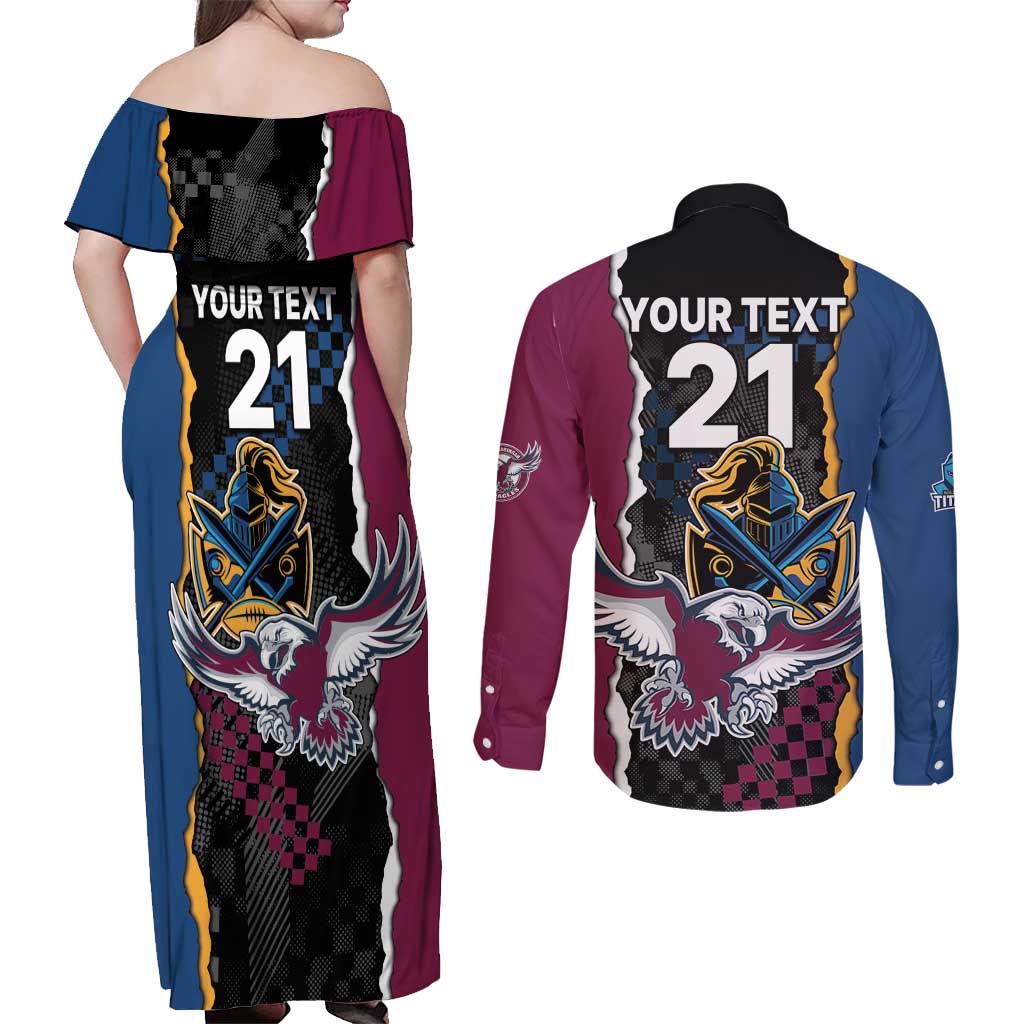 Titans and Manly Eagle Couples Matching Off Shoulder Maxi Dress and Long Sleeve Button Shirt Rugby Together Sporty Style