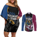 Titans and Manly Eagle Couples Matching Off Shoulder Short Dress and Long Sleeve Button Shirt Rugby Together Sporty Style