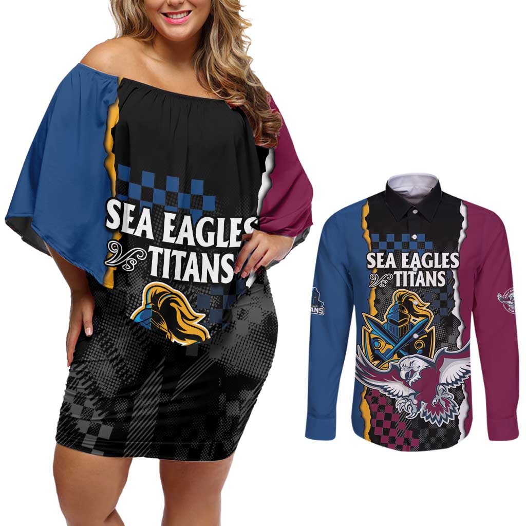 Titans and Manly Eagle Couples Matching Off Shoulder Short Dress and Long Sleeve Button Shirt Rugby Together Sporty Style