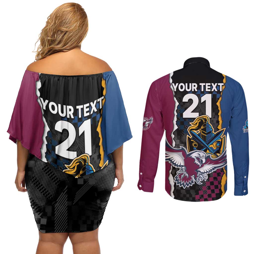 Titans and Manly Eagle Couples Matching Off Shoulder Short Dress and Long Sleeve Button Shirt Rugby Together Sporty Style