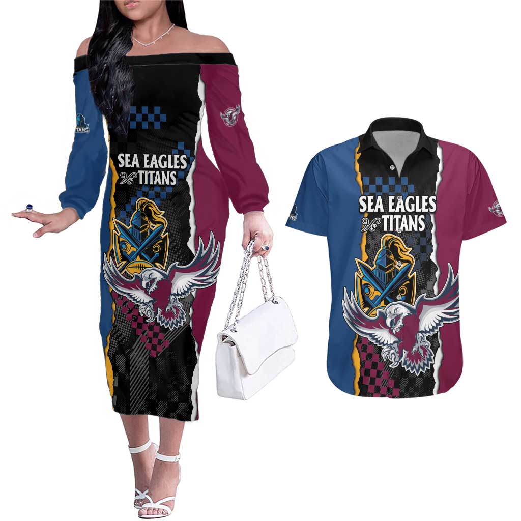Titans and Manly Eagle Couples Matching Off The Shoulder Long Sleeve Dress and Hawaiian Shirt Rugby Together Sporty Style