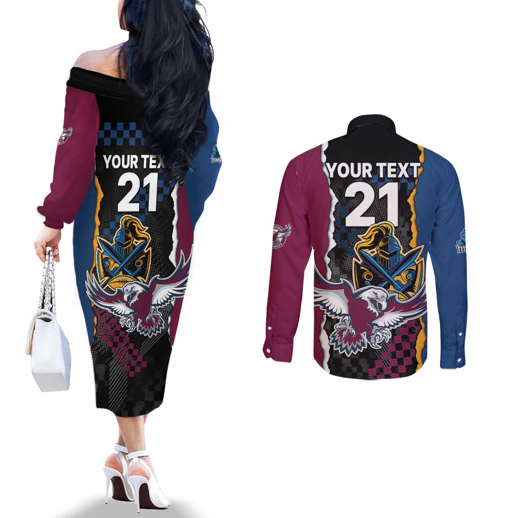 Titans and Manly Eagle Couples Matching Off The Shoulder Long Sleeve Dress and Long Sleeve Button Shirt Rugby Together Sporty Style