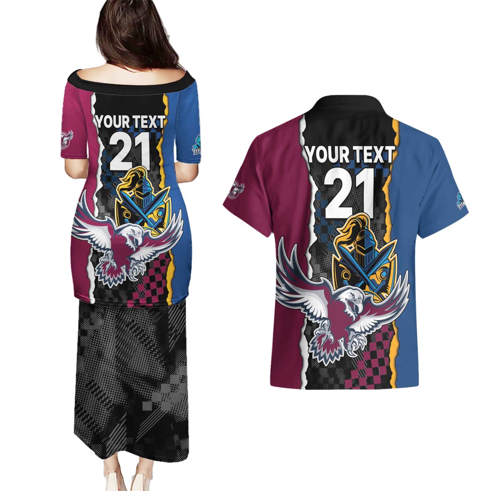 Titans and Manly Eagle Couples Matching Puletasi and Hawaiian Shirt Rugby Together Sporty Style