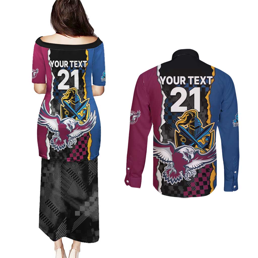 Titans and Manly Eagle Couples Matching Puletasi and Long Sleeve Button Shirt Rugby Together Sporty Style