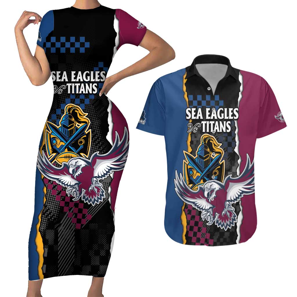 Titans and Manly Eagle Couples Matching Short Sleeve Bodycon Dress and Hawaiian Shirt Rugby Together Sporty Style