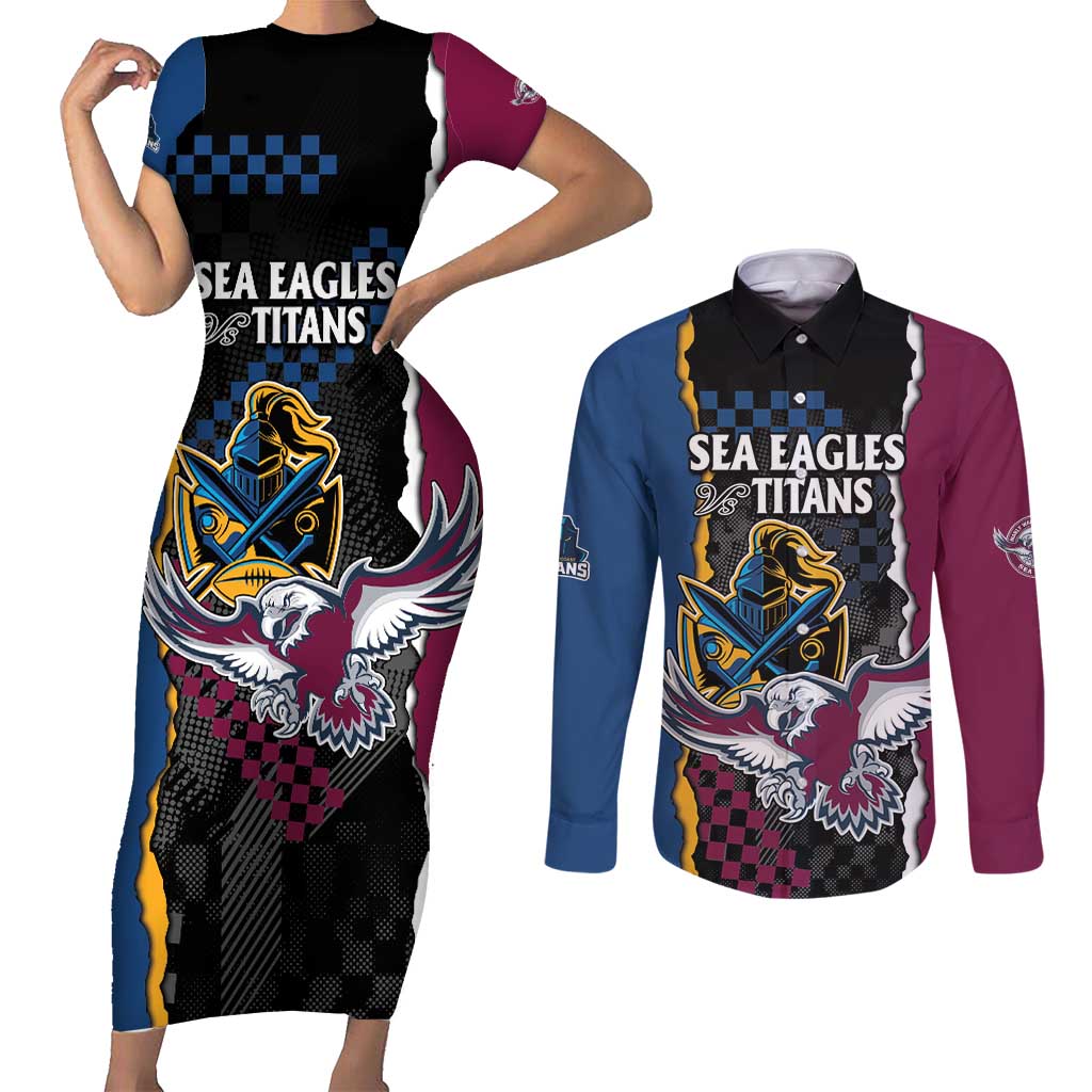Titans and Manly Eagle Couples Matching Short Sleeve Bodycon Dress and Long Sleeve Button Shirt Rugby Together Sporty Style