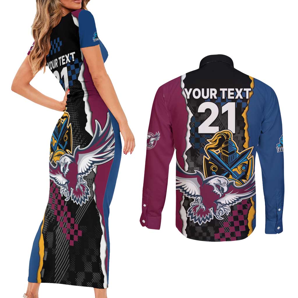 Titans and Manly Eagle Couples Matching Short Sleeve Bodycon Dress and Long Sleeve Button Shirt Rugby Together Sporty Style