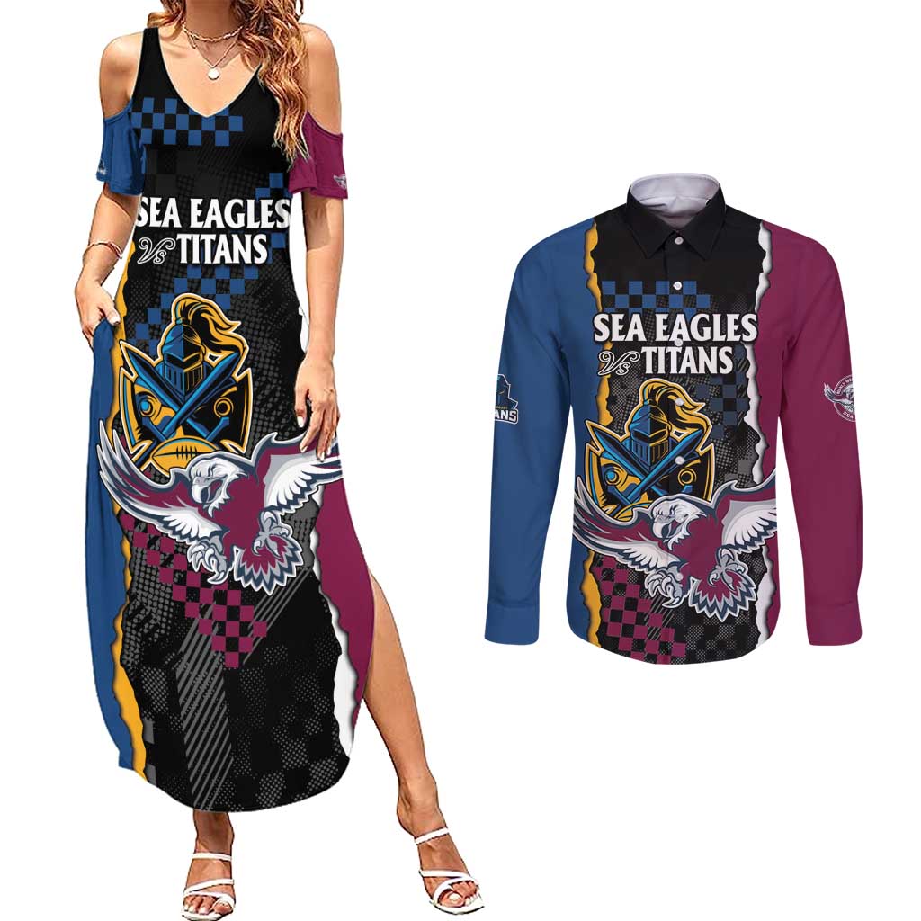 Titans and Manly Eagle Couples Matching Summer Maxi Dress and Long Sleeve Button Shirt Rugby Together Sporty Style