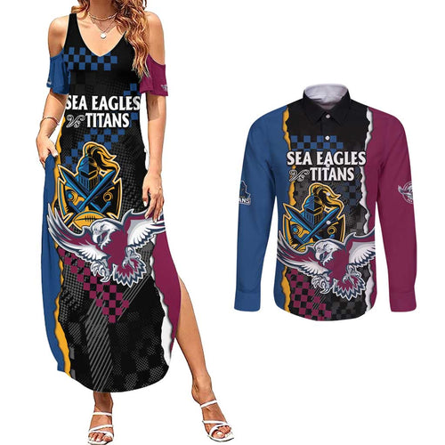 Titans and Manly Eagle Couples Matching Summer Maxi Dress and Long Sleeve Button Shirt Rugby Together Sporty Style