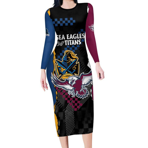 Titans and Manly Eagle Family Matching Long Sleeve Bodycon Dress and Hawaiian Shirt Rugby Together Sporty Style