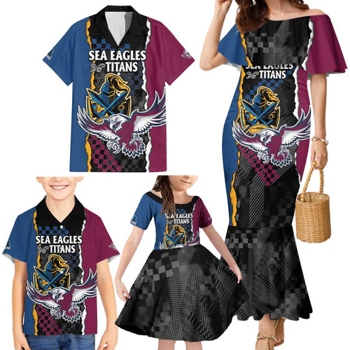 Titans and Manly Eagle Family Matching Mermaid Dress and Hawaiian Shirt Rugby Together Sporty Style