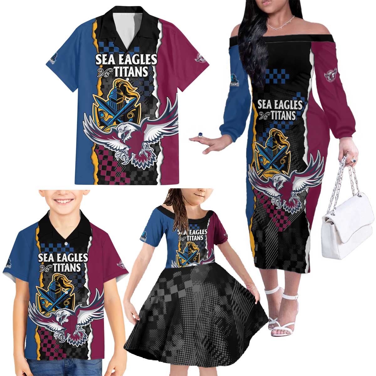 Titans and Manly Eagle Family Matching Off The Shoulder Long Sleeve Dress and Hawaiian Shirt Rugby Together Sporty Style