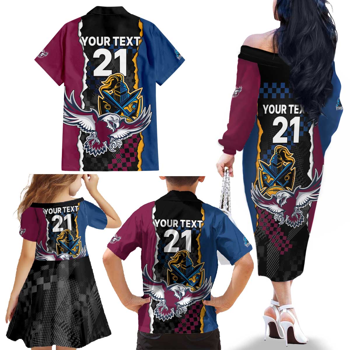 Titans and Manly Eagle Family Matching Off The Shoulder Long Sleeve Dress and Hawaiian Shirt Rugby Together Sporty Style