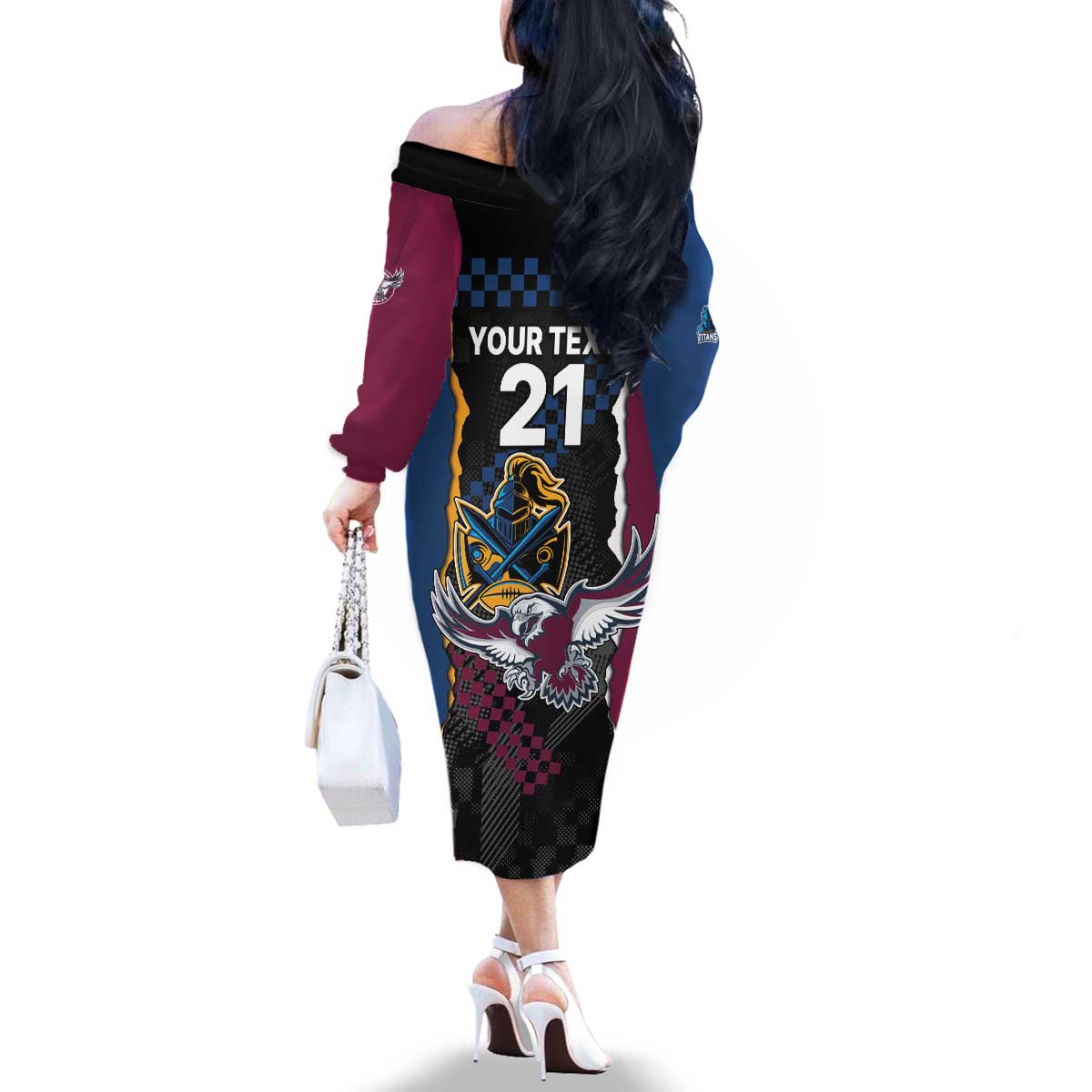 Titans and Manly Eagle Family Matching Off The Shoulder Long Sleeve Dress and Hawaiian Shirt Rugby Together Sporty Style