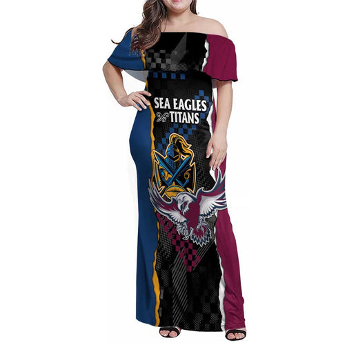 Titans and Manly Eagle Family Matching Off Shoulder Maxi Dress and Hawaiian Shirt Rugby Together Sporty Style