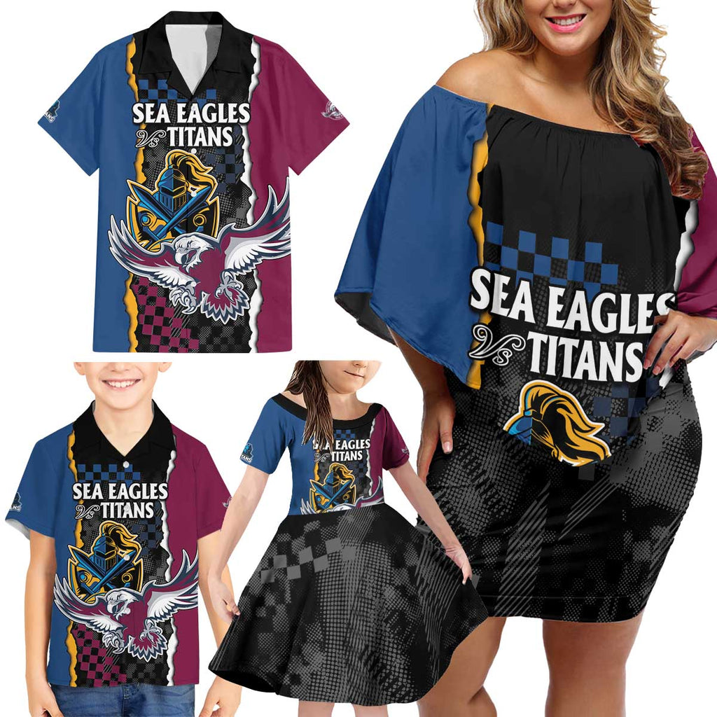 Titans and Manly Eagle Family Matching Off Shoulder Short Dress and Hawaiian Shirt Rugby Together Sporty Style