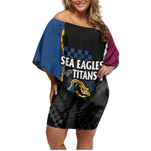 Titans and Manly Eagle Family Matching Off Shoulder Short Dress and Hawaiian Shirt Rugby Together Sporty Style