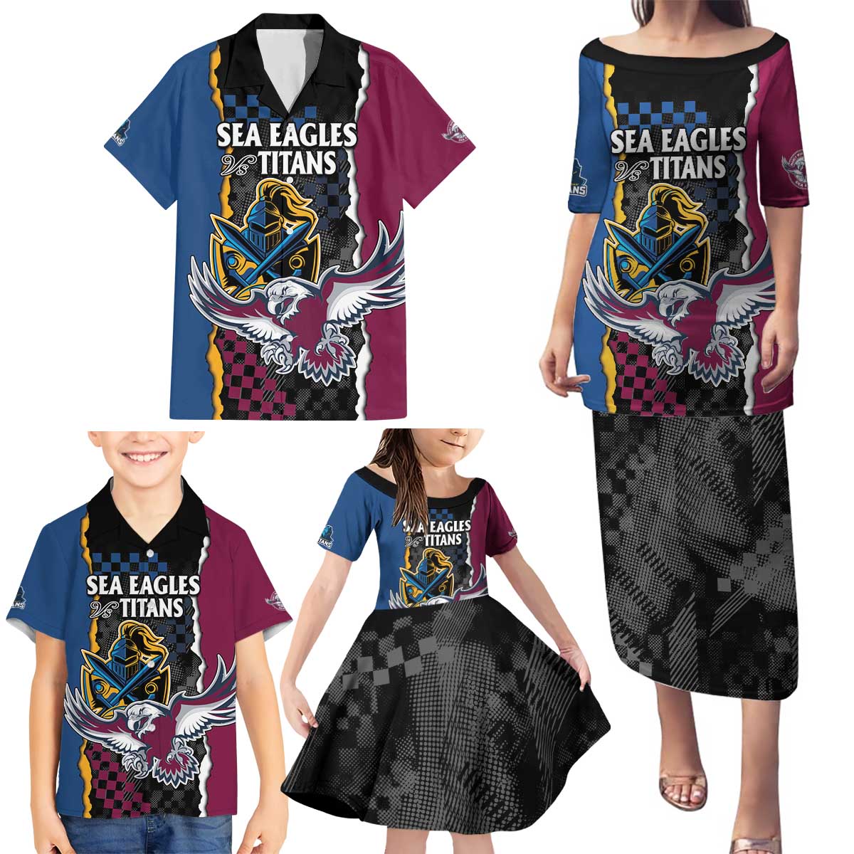 Titans and Manly Eagle Family Matching Puletasi and Hawaiian Shirt Rugby Together Sporty Style