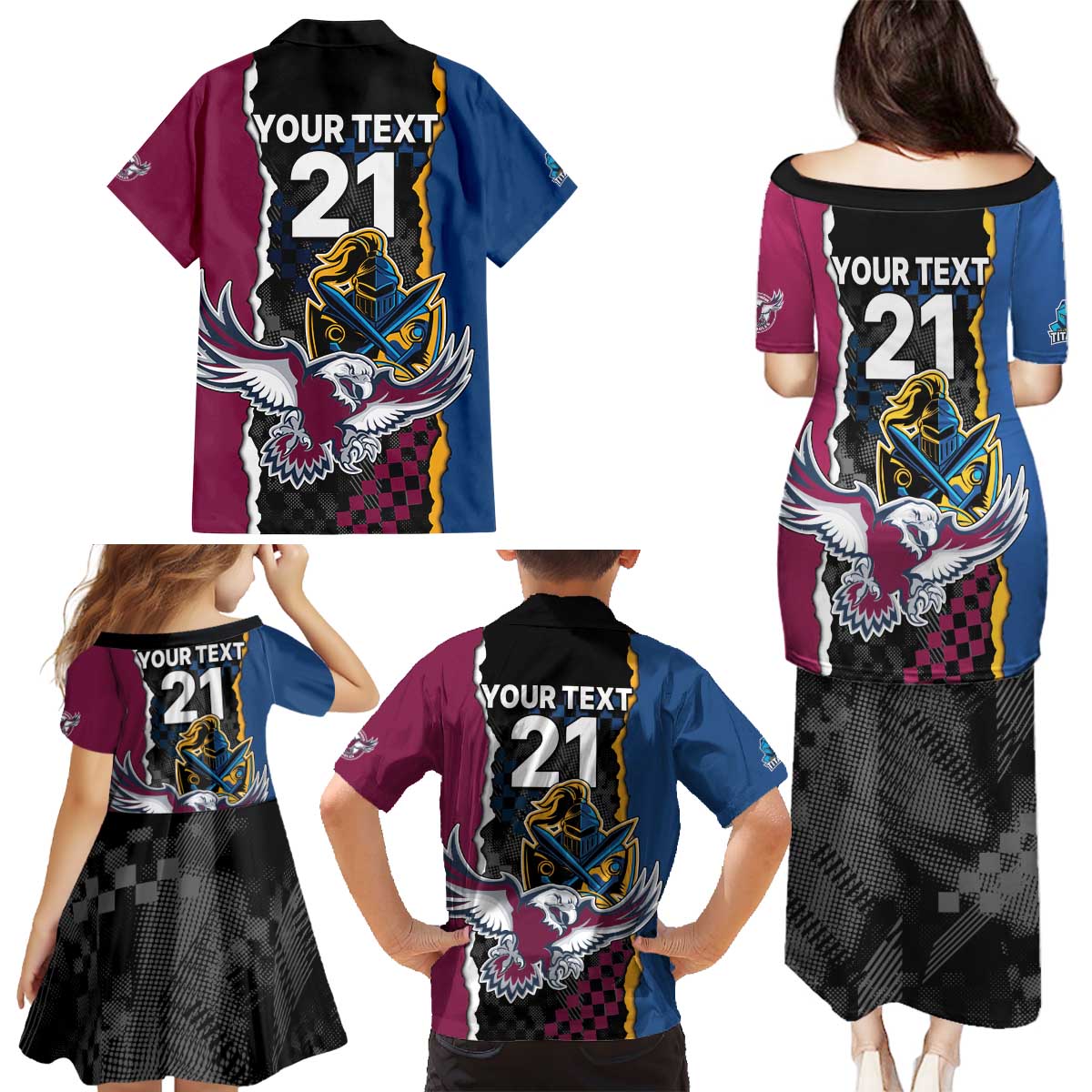 Titans and Manly Eagle Family Matching Puletasi and Hawaiian Shirt Rugby Together Sporty Style