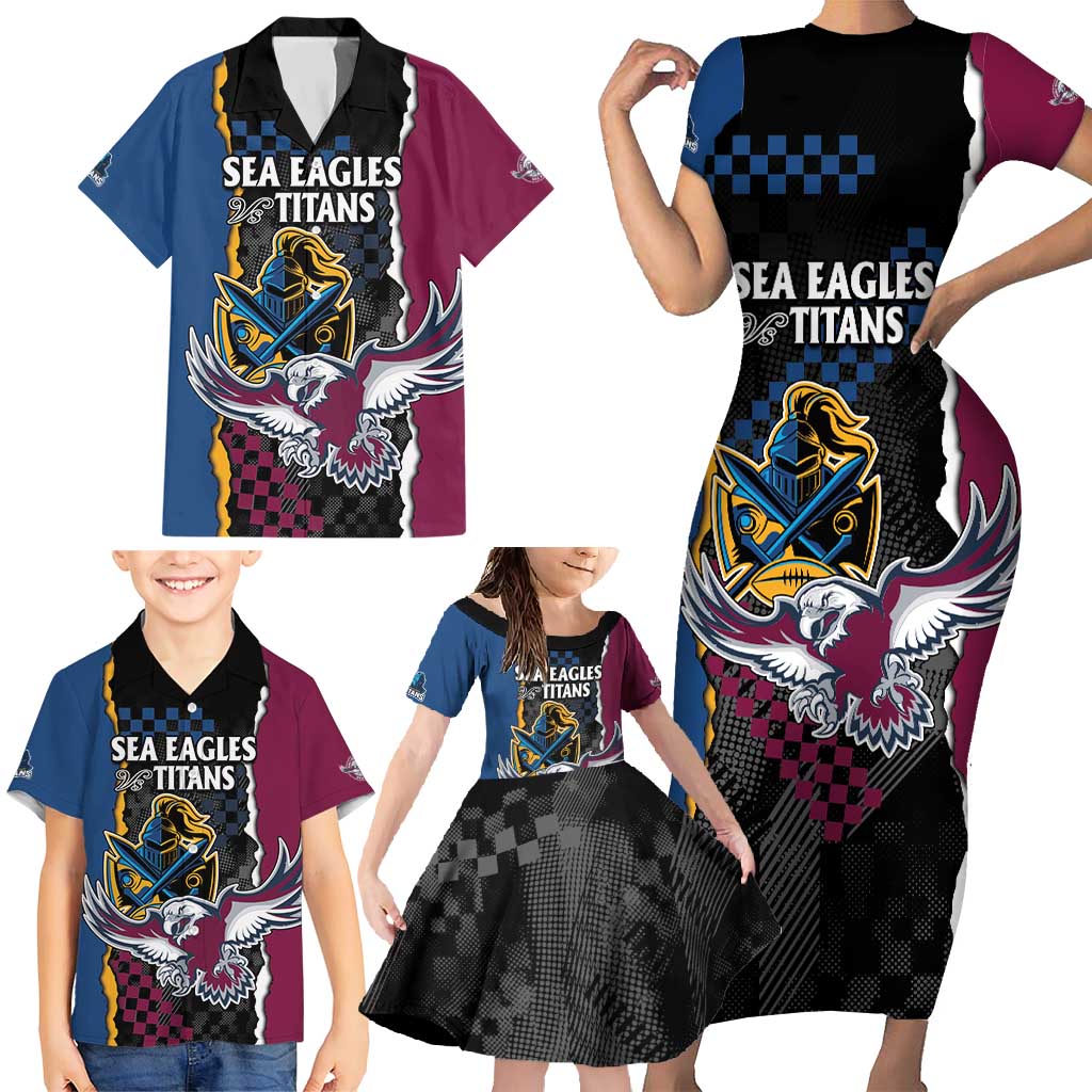Titans and Manly Eagle Family Matching Short Sleeve Bodycon Dress and Hawaiian Shirt Rugby Together Sporty Style
