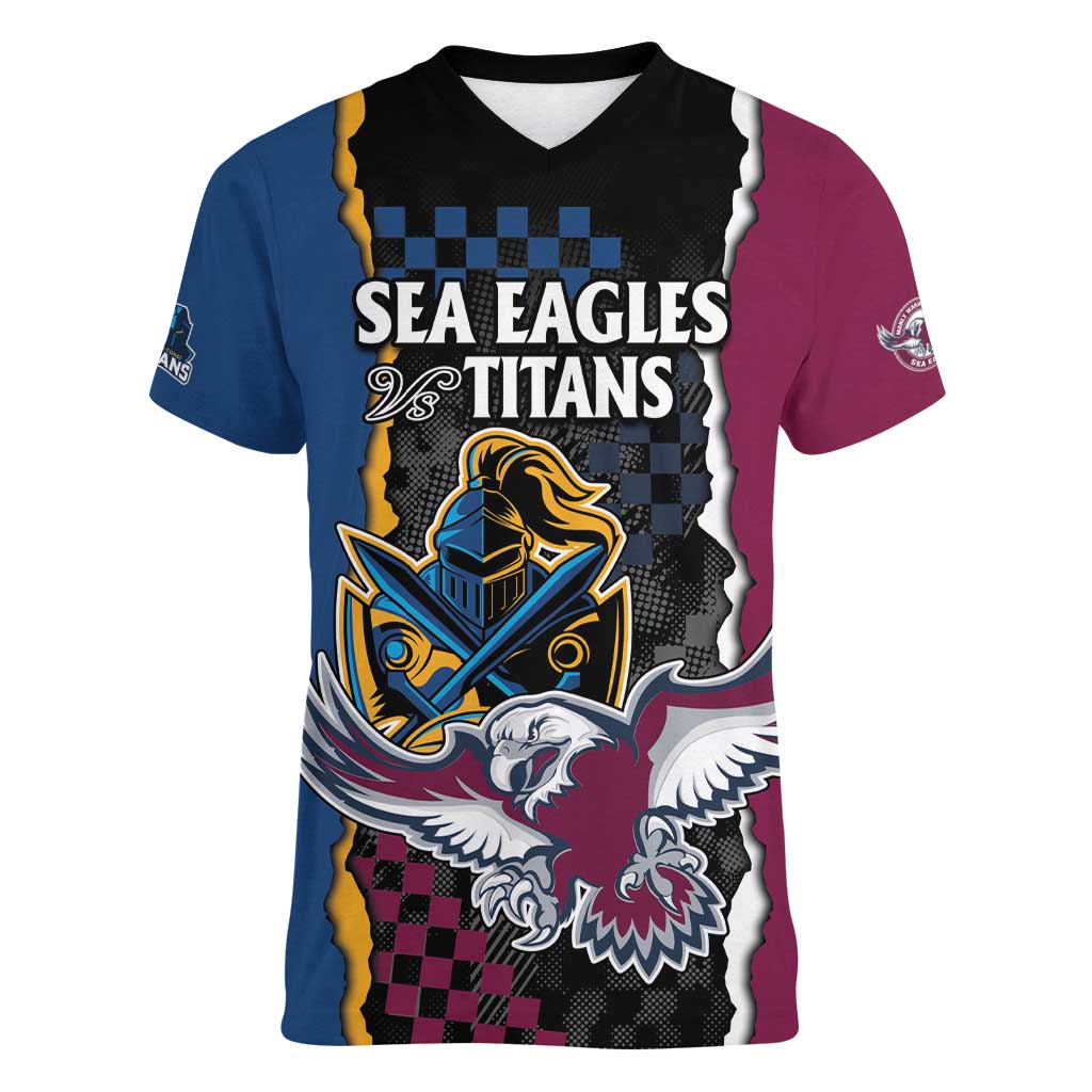 Titans and Manly Eagle Women V-Neck T-Shirt Rugby Together Sporty Style