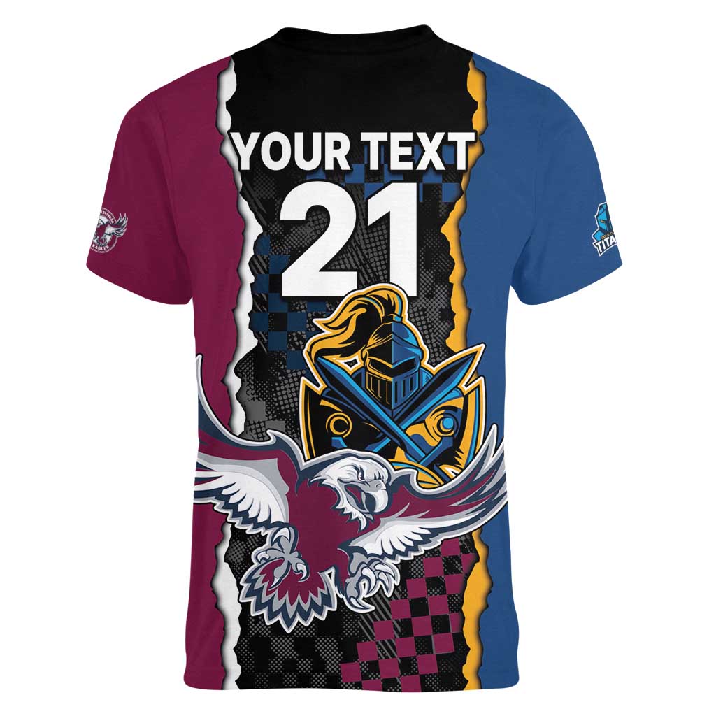 Titans and Manly Eagle Women V-Neck T-Shirt Rugby Together Sporty Style
