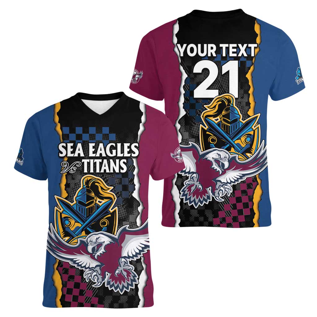 Titans and Manly Eagle Women V-Neck T-Shirt Rugby Together Sporty Style