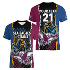 Titans and Manly Eagle Women V-Neck T-Shirt Rugby Together Sporty Style