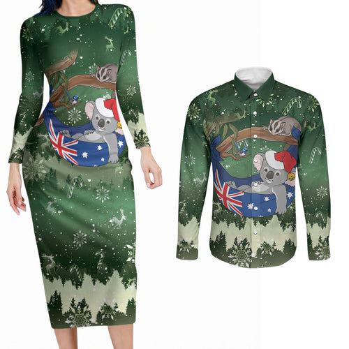 Aussie Festive Koala Christmas Couples Matching Long Sleeve Bodycon Dress and Long Sleeve Button Shirt Koala-ty Time Flag Hammock Green Style