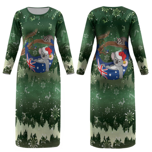 Aussie Festive Koala Christmas Couples Matching Long Sleeve Bodycon Dress and Long Sleeve Button Shirt Koala-ty Time Flag Hammock Green Style