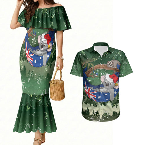 Aussie Festive Koala Christmas Couples Matching Mermaid Dress and Hawaiian Shirt Koala-ty Time Flag Hammock Green Style