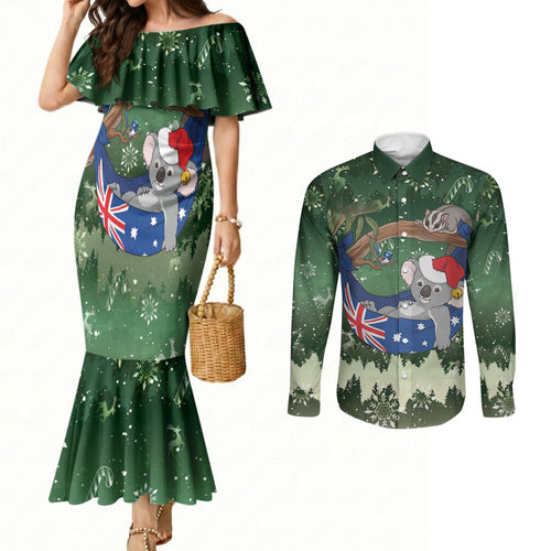 Aussie Festive Koala Christmas Couples Matching Mermaid Dress and Long Sleeve Button Shirt Koala-ty Time Flag Hammock Green Style
