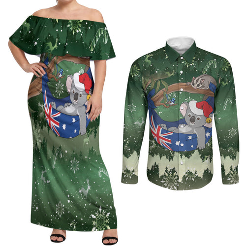 Aussie Festive Koala Christmas Couples Matching Off Shoulder Maxi Dress and Long Sleeve Button Shirt Koala-ty Time Flag Hammock Green Style