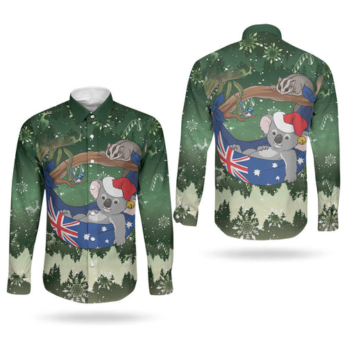 Aussie Festive Koala Christmas Couples Matching Off Shoulder Maxi Dress and Long Sleeve Button Shirt Koala-ty Time Flag Hammock Green Style