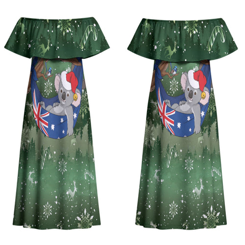 Aussie Festive Koala Christmas Couples Matching Off Shoulder Maxi Dress and Long Sleeve Button Shirt Koala-ty Time Flag Hammock Green Style