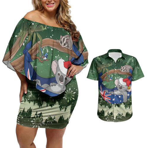 Aussie Festive Koala Christmas Couples Matching Off Shoulder Short Dress and Hawaiian Shirt Koala-ty Time Flag Hammock Green Style