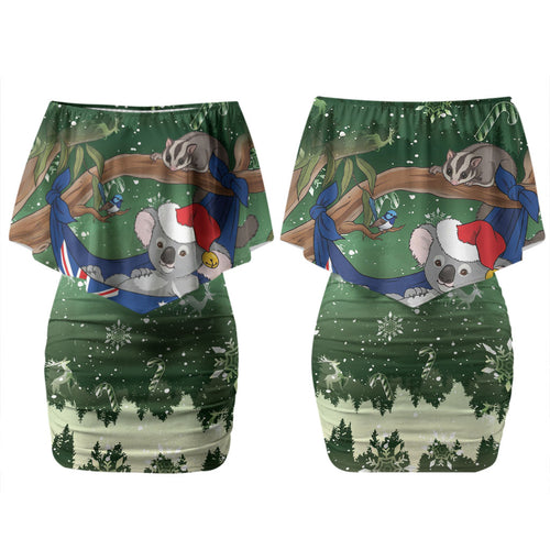 Aussie Festive Koala Christmas Couples Matching Off Shoulder Short Dress and Hawaiian Shirt Koala-ty Time Flag Hammock Green Style