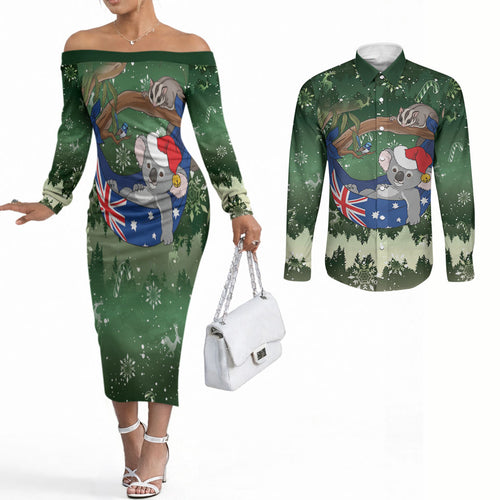 Aussie Festive Koala Christmas Couples Matching Off The Shoulder Long Sleeve Dress and Long Sleeve Button Shirt Koala-ty Time Flag Hammock Green Style