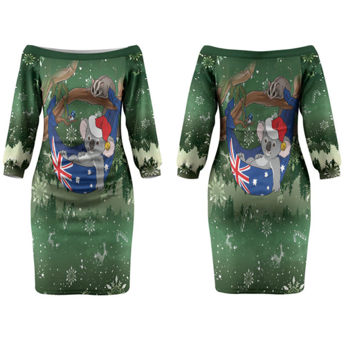 Aussie Festive Koala Christmas Couples Matching Off The Shoulder Long Sleeve Dress and Long Sleeve Button Shirt Koala-ty Time Flag Hammock Green Style