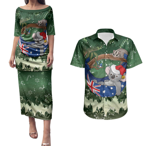 Aussie Festive Koala Christmas Couples Matching Puletasi and Hawaiian Shirt Koala-ty Time Flag Hammock Green Style