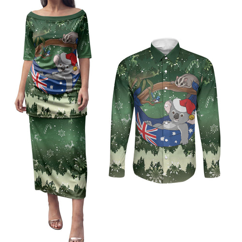 Aussie Festive Koala Christmas Couples Matching Puletasi and Long Sleeve Button Shirt Koala-ty Time Flag Hammock Green Style