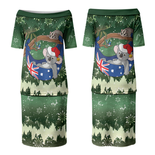 Aussie Festive Koala Christmas Couples Matching Puletasi and Long Sleeve Button Shirt Koala-ty Time Flag Hammock Green Style