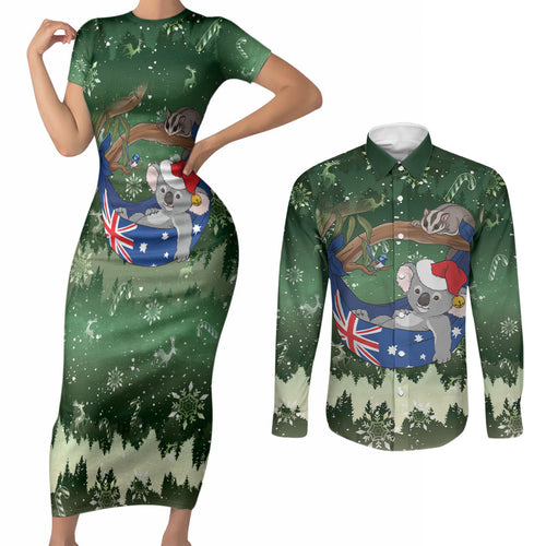 Aussie Festive Koala Christmas Couples Matching Short Sleeve Bodycon Dress and Long Sleeve Button Shirt Koala-ty Time Flag Hammock Green Style